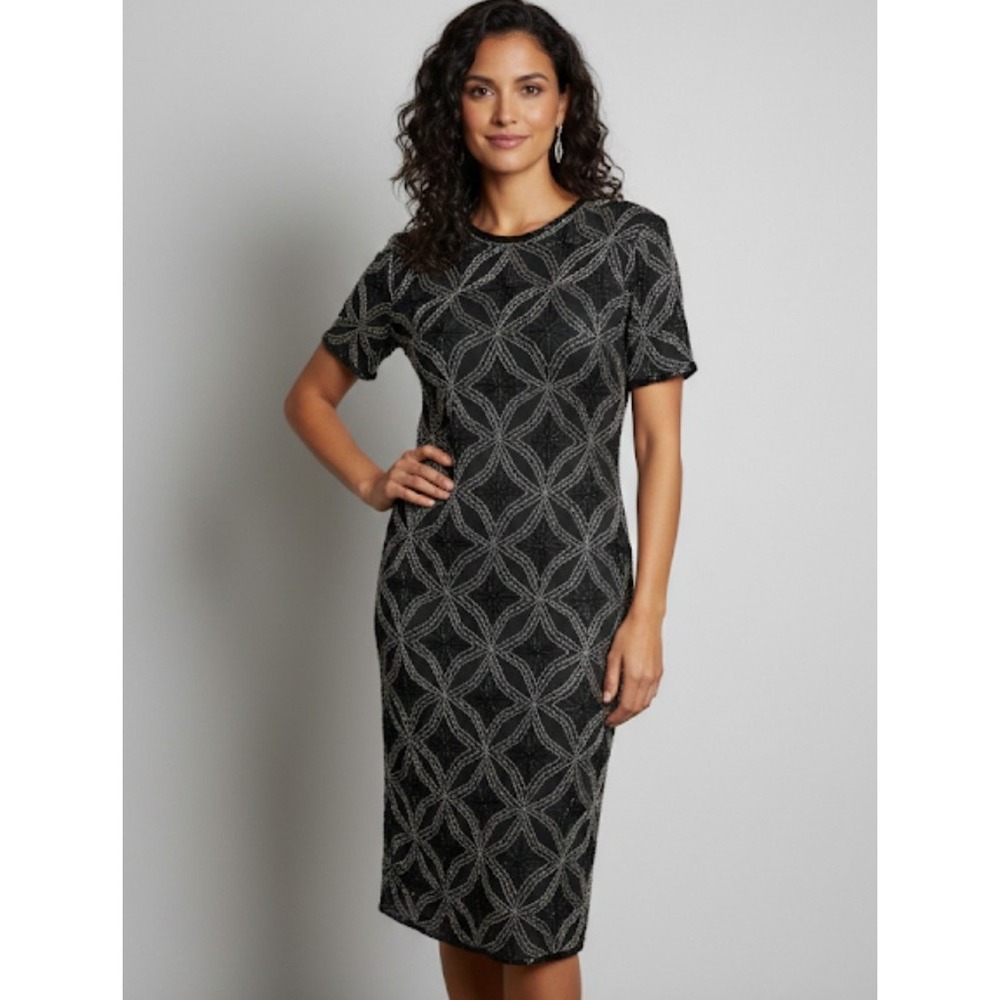 Vintage Papell Boutique Sheath Dress Womens 12 Black Beaded Short Sleeve‎